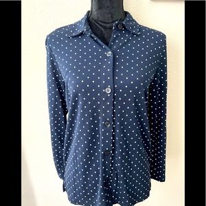 Liz Claiborne petite navy blue button down blouse with white dots